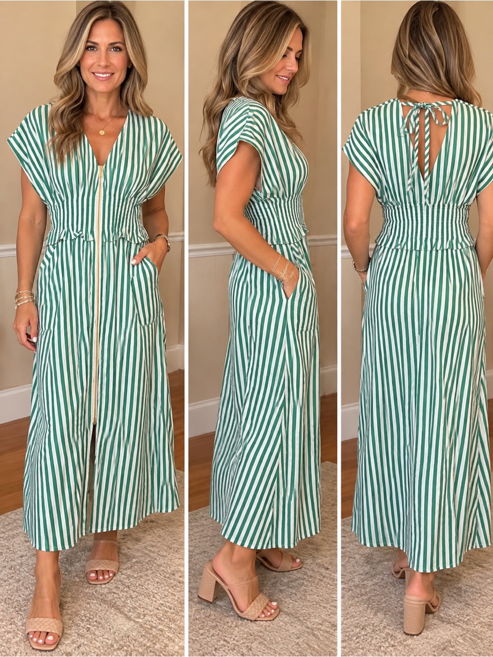 entro Green & White Striped Midi Dress with Front Zip & Tie Back